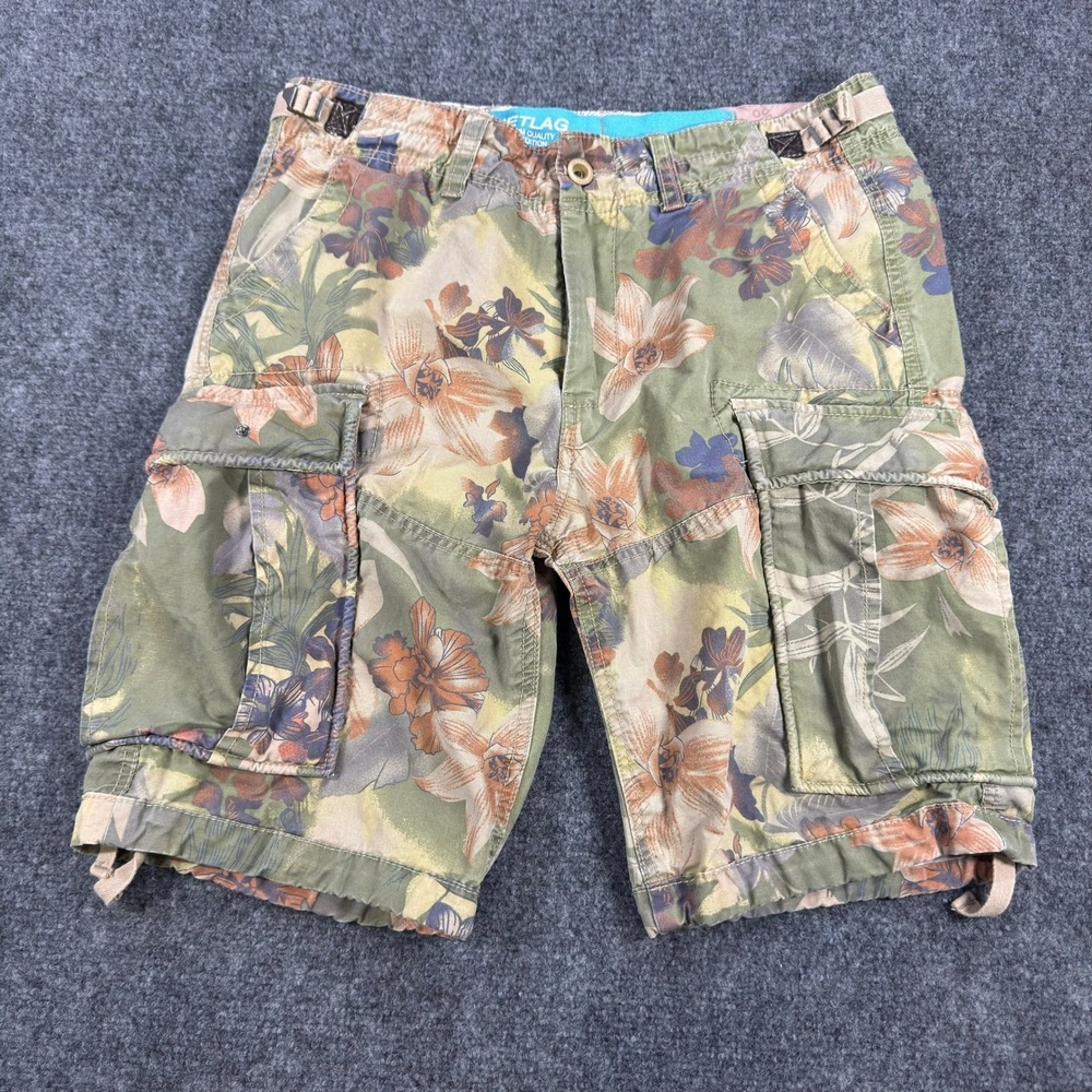 Jetlag Mens Floral Tropical Cargo Shorts Green Orange Cotton Size 32 Utility